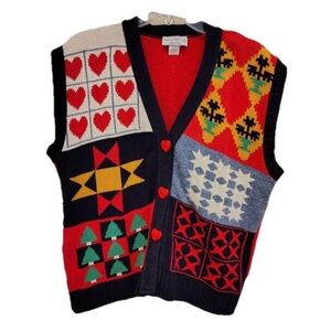 VTG Sweater Loft Christmas Tree Vest Patch Knit Heart Buttons Cotton USA Women M